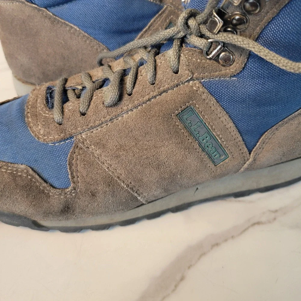 VTG LL Bean Merrell Mens Hiking Boots Sz 10 Brown Blue Suede Canvas Trail Shoes